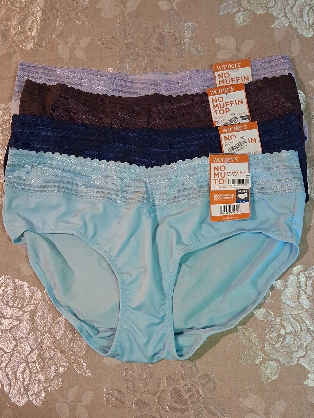 Warner's 4-Pack Lace-Trim Hipsters in Light Blue, Navy, Plum, Lavender Size 8/XL